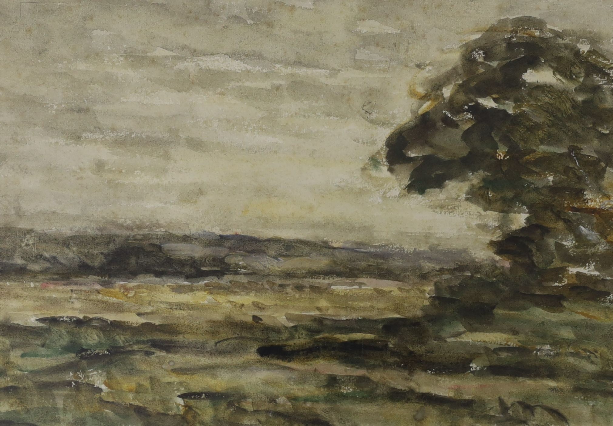 Arthur Douglas Peppercorn (1847-1924), watercolour, Landscape with tree, 25 x 35cm and a watercolour coastal scene by another hand, 26 x 35cm